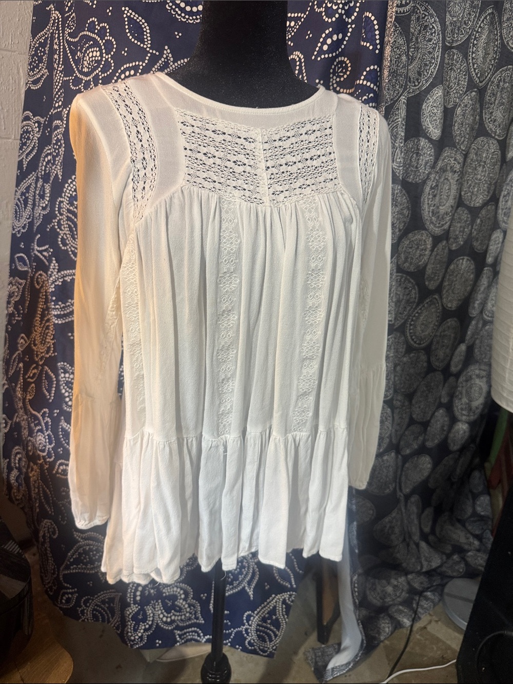 Women's White Lace Yoke Peasant Tunic Top